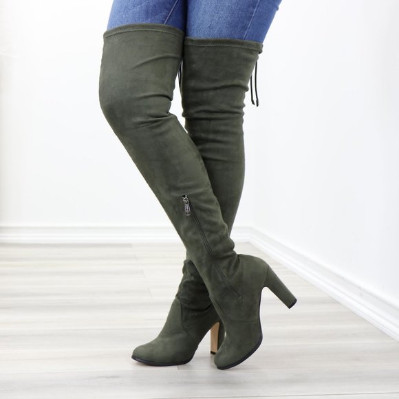 Cape Robin Shoes - Olive Thigh High Over The Knee Block High Heel Boots Faux Suede